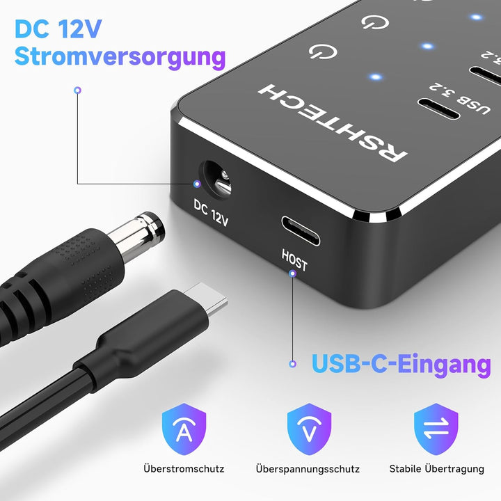 RSHTECH USB Hub 3.2 Aktiv mit Netzteil - Mit 3 10Gbps USB 3.2 und 7 5Gbps USB 3.0 - Insgesamt 10 Por
