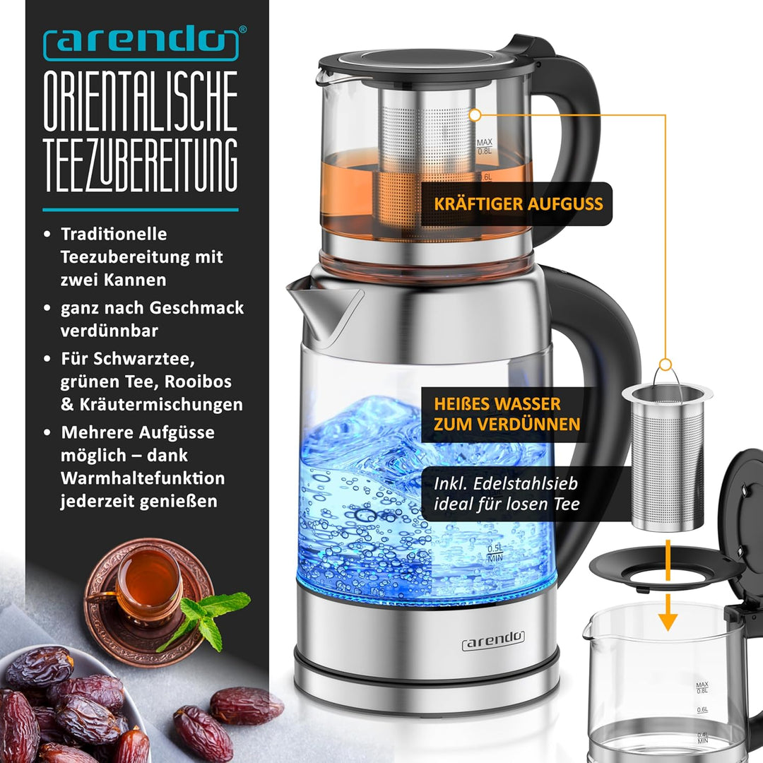 Arendo - Glas Wasserkocher mit Temperatureinstellung 1,8 Liter - Teekocher 0,8 Liter mit Sieb - 2200