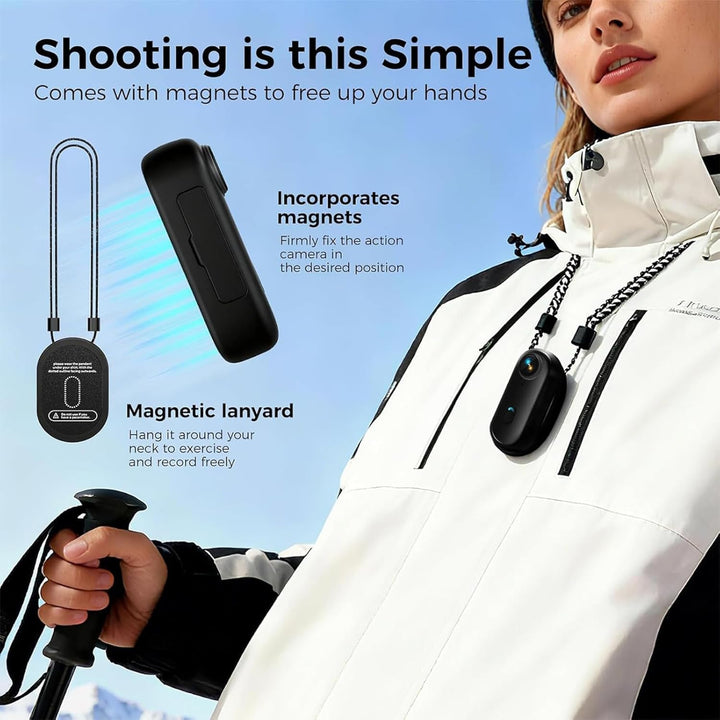 Mini Action Cam 4K,Tragbare Kamera mit 360° Drehbarem Clip und Magnetclip,Wasserdichter 4K-Körperkam