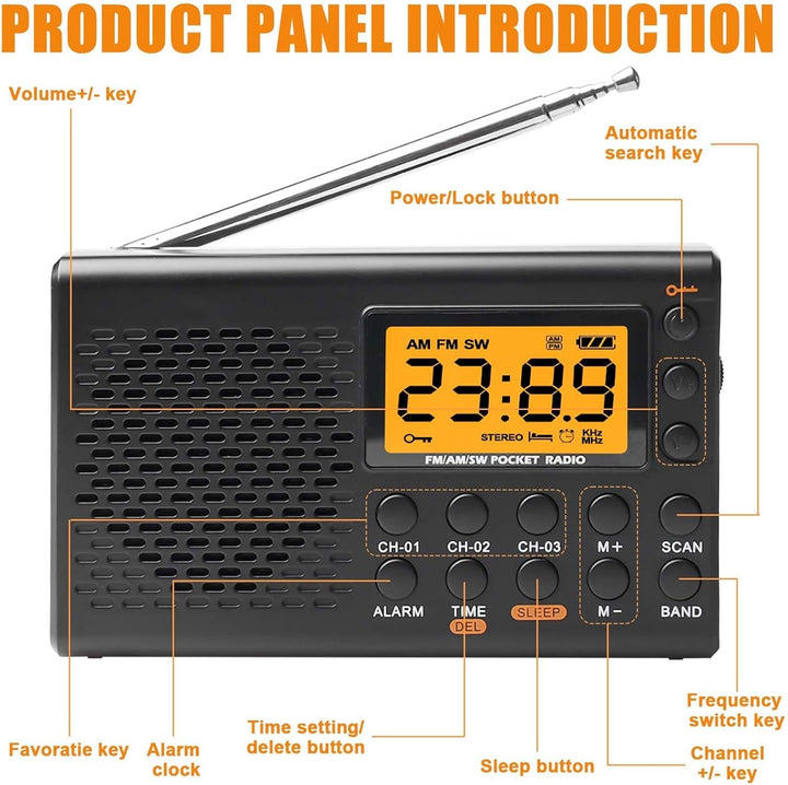 Tragbares Radio AM/FM/SW Kofferradio, Netz & Batteriebetrieb LED-Display mit Bestem Empfang Eingebau
