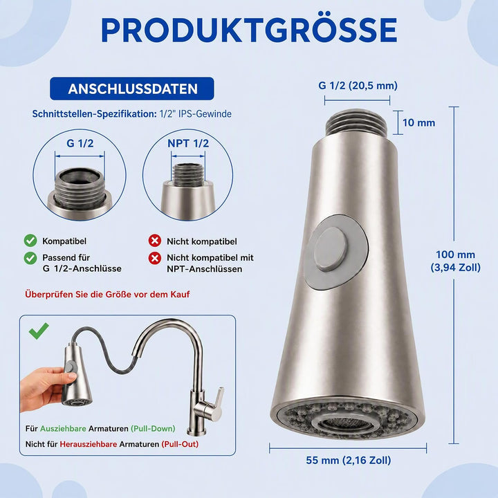 Küchenarmaturen Ersatz Brausekopf, 2 Strahlarten 1/2" IPS-Gewinde Ersatz Brause für Küchenarmatur, K