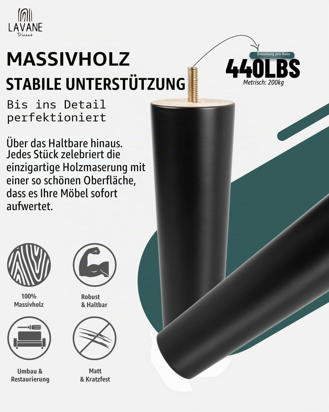 La Vane 4 Stück Möbelfüsse aus Massivholz - 12cm Höhe, Schwarz, Konisch mit M8 Gewindebolzen &amp; Monta
