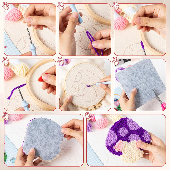 WATINC Craft Punch Needle Untersetzer Kit mit Pilzmuster DIY Bastelpackung Punch Needle Set Stickere