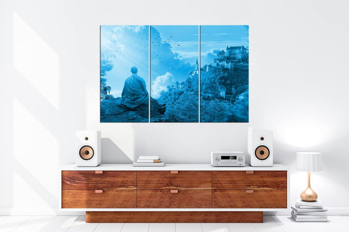 deyoli Buddhistischer Mönch Format: 120x80 3Teilig Effekt: Monocrome Blau als Leinwandbild, Motiv fe