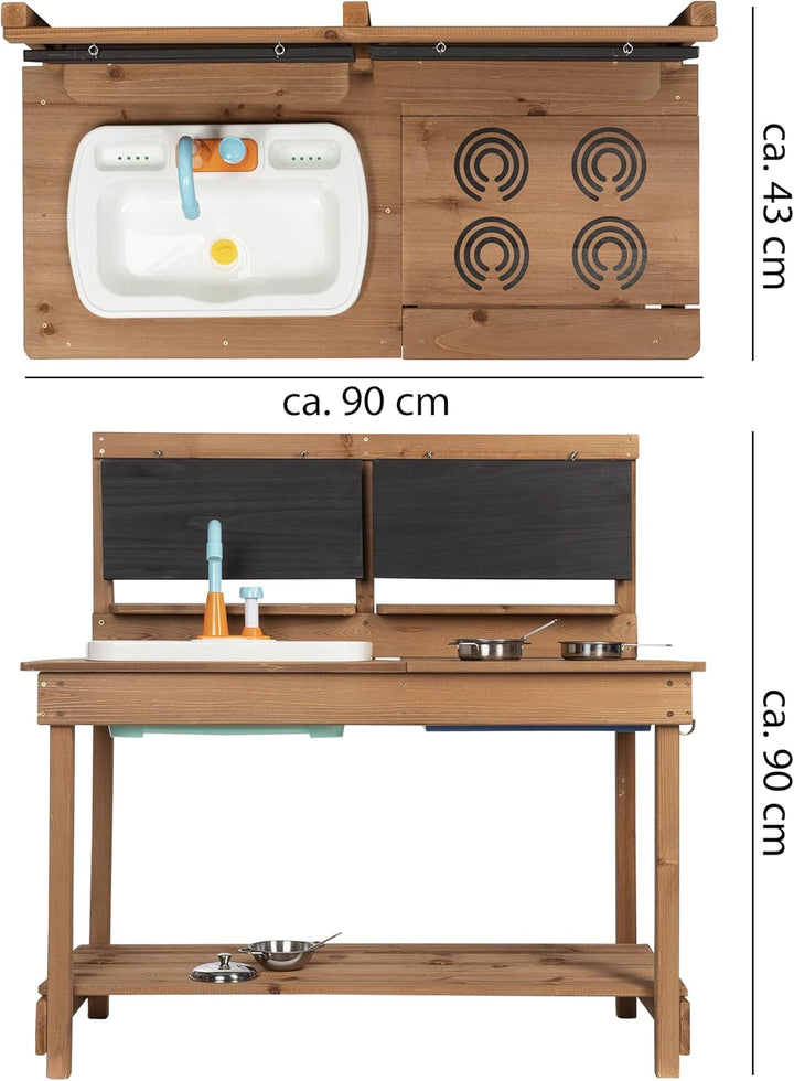 ONVAYA® Matschküche aus Holz | Braun | Outdoor Spielküche mit Waschbecken und schwarzer Tafel | Inkl