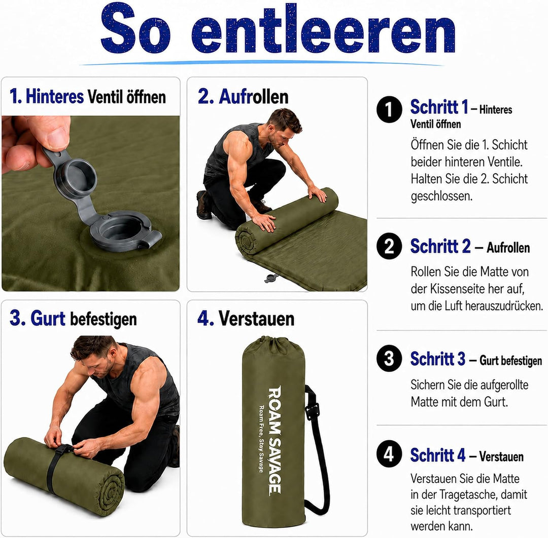 ROAM SAVAGE Selbstaufblasende Campingmatte mit integriertem Kopfkissen