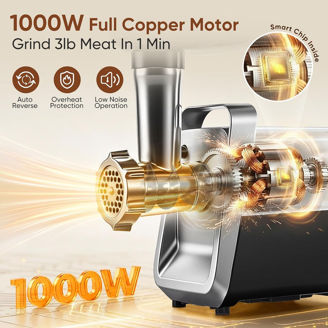 Elektrischer Fleischwolf, 1000W Kupfermotor, Edelstahl, mit 3 Lochscheiben, Wurstfüller, Kubbe-Maker