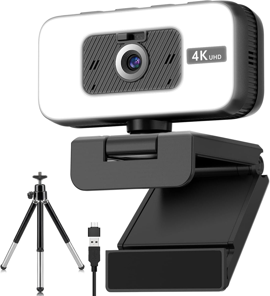 4K Webcam mit Licht & Zoom, USB Computer Kamera mit Mikrofon, Privatsphäre-Abdeckung & Anti-Stör-Lic