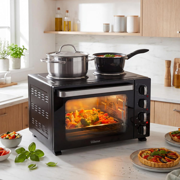 Tristar Heissluftofen mit 2 Kochplatten, 35 L Kapazität, 3200 W, Stahlgehäuse, kompakte Miniküche fü