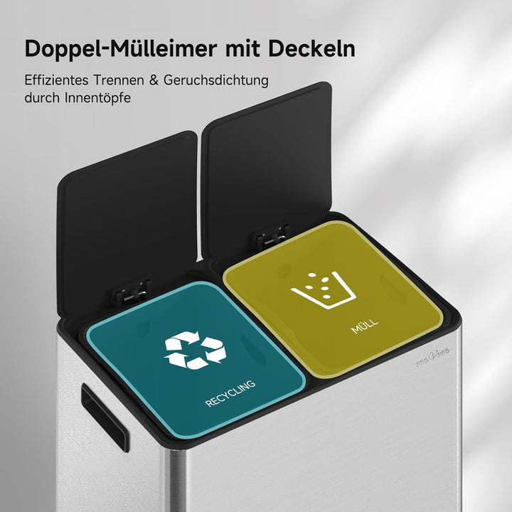 mVm Mülleimer Küche,60 Liter Treteimer,2 x 30 Liter Treteimer, 2 Fächer, Mülltrennsystem, Abfalleime