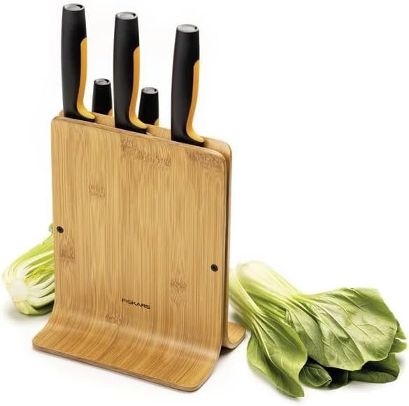 Fiskars Bambus Design-Messerblock mit 5 Messern, Functional Form, Inklusive Gemüsemesser, Tomatenmes