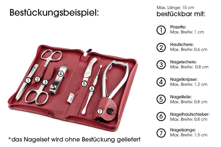 REMOS Nageletui leer aus echtem Leder zum Bestücken mit 7 Instrumenten - rot, Rot