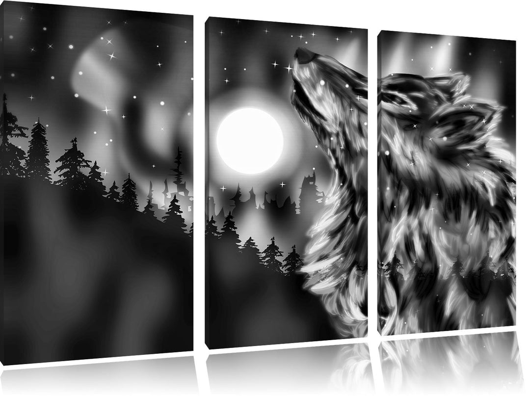 Pixxprint Abstrakter Wolf mit Mond / 3-Teilig/Gesamtmass 120cm Leinwandbild bespannt auf Holzrahmen/