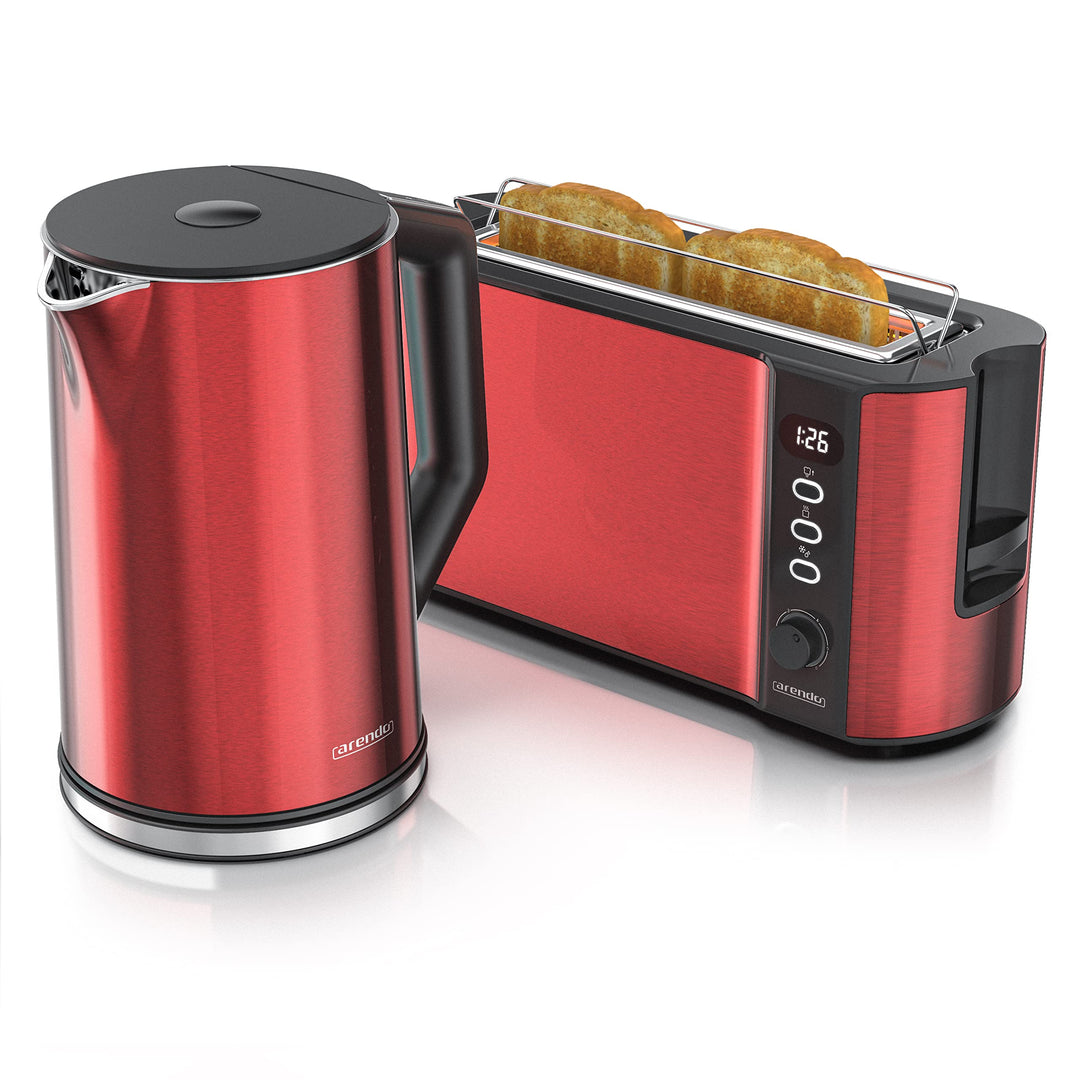 Arendo - Wasserkocher und Toaster im SET Edelstahl Rot Wasserkocher 1,5L 40° - 100°C Warmhaltefunkti