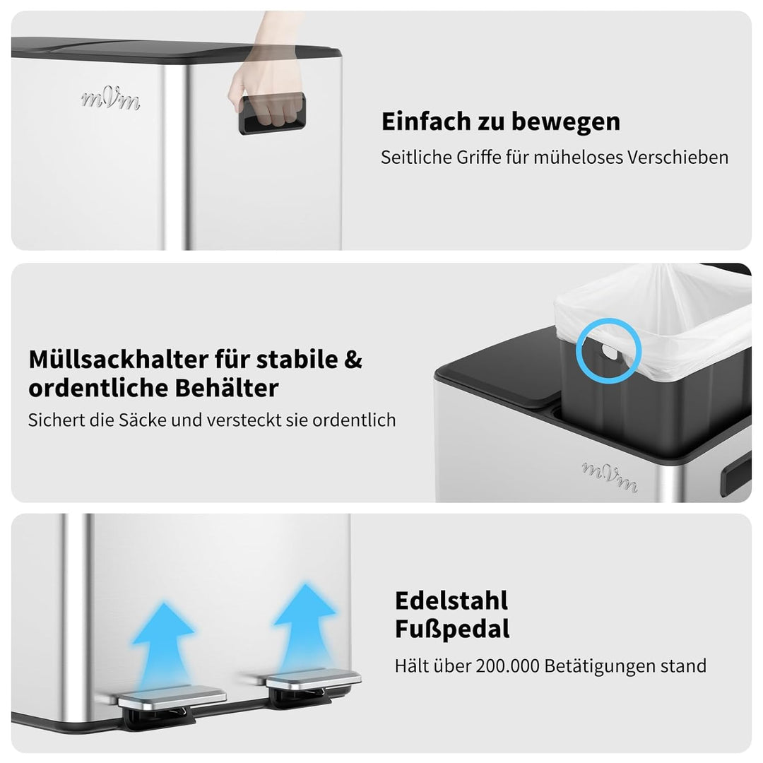 mVm Mülleimer Küche,60 Liter Treteimer,2 x 30 Liter Treteimer, 2 Fächer, Mülltrennsystem, Abfalleime