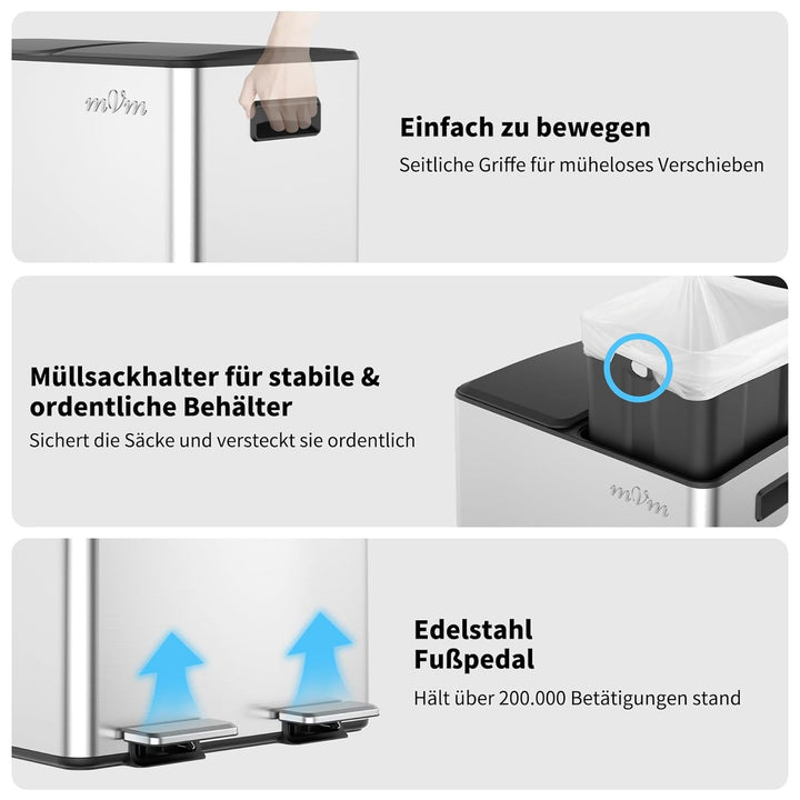 mVm Mülleimer Küche,60 Liter Treteimer,2 x 30 Liter Treteimer, 2 Fächer, Mülltrennsystem, Abfalleime
