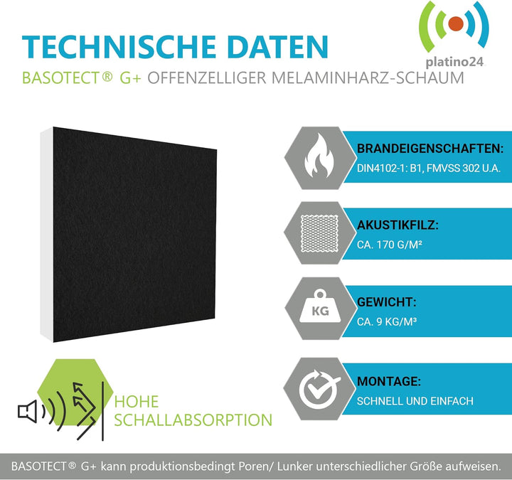 platino24 Schallabsorber 3D Set Colore aus Basotect G+ mit Akustikfilz, 6 Absorberelemente Quadrat 2