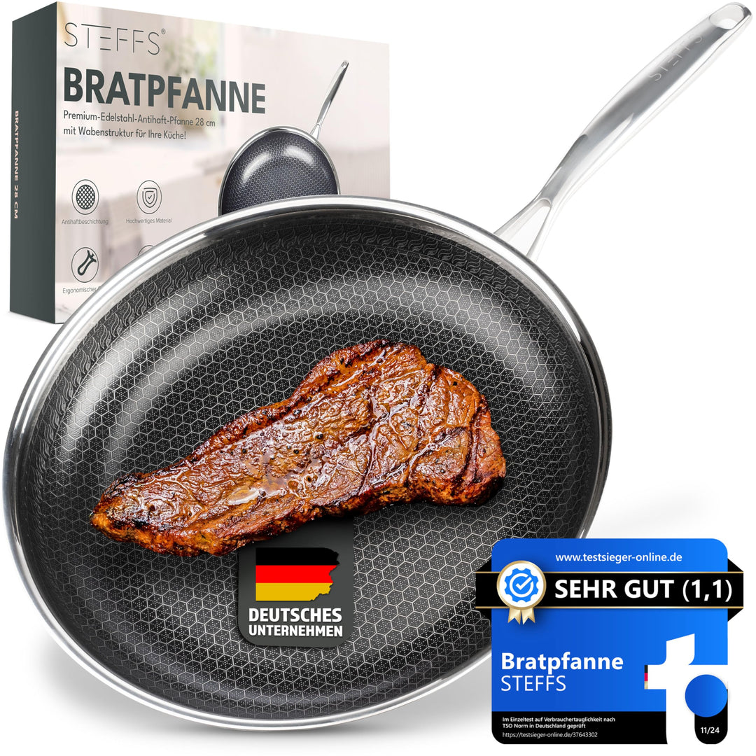 STEFFS® BRATPFANNE mit Waben 24 cm kratzfeste Antihaft Beschichtung - Pfanne alle Herdarten einfache