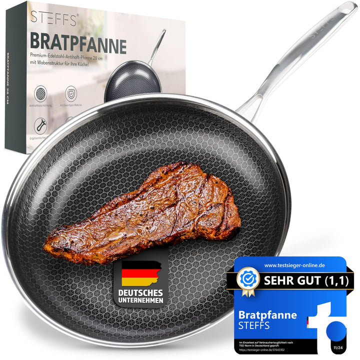 STEFFS® BRATPFANNE mit Waben 24 cm kratzfeste Antihaft Beschichtung - Pfanne alle Herdarten einfache