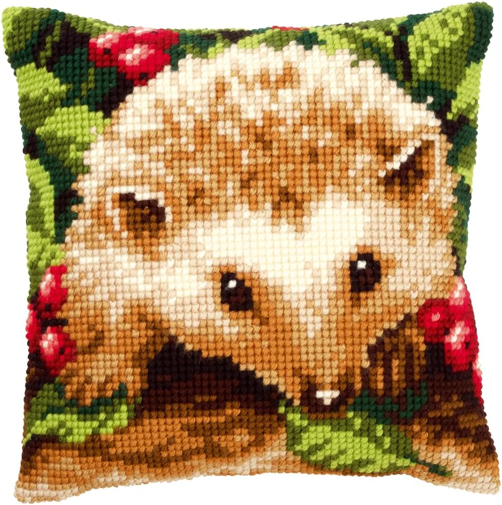 Vervaco Igel mit Beeren Kreuzstichkissen/Stickkissen vorgedruckt, Baumwolle, Mehrfarbig, 40 x 40 x 0