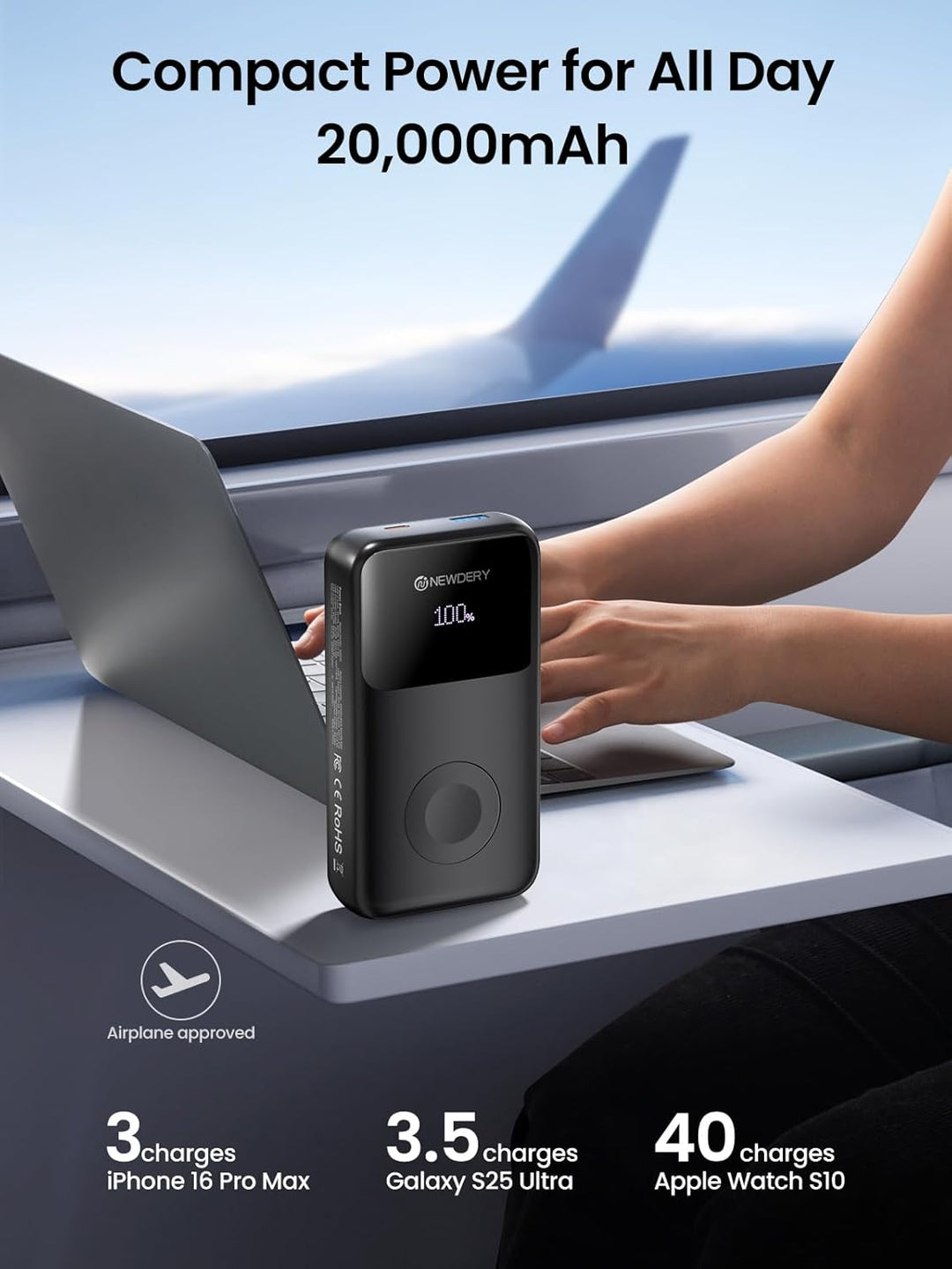 NEWDERY Powerbank für Apple Watch & iPhone Ladegerät 20000mAh Drahtloses Ladestation Power Bank, Sch