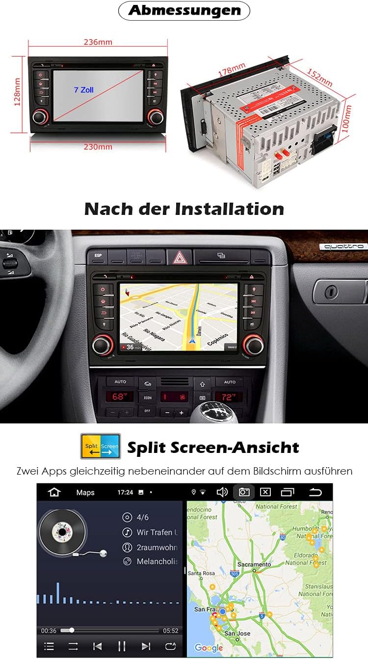 Erisin Android 10.0 8-Kern Autoradio Mit GPS für Audi A4 S4 RS4 RNS-E Seat Exeo 7 Zoll Navigation DA
