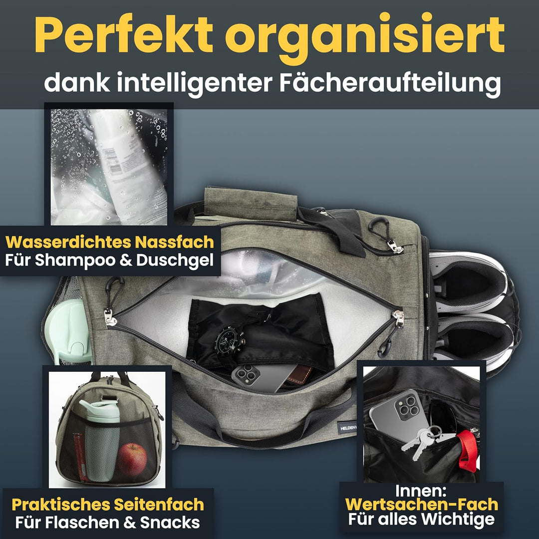 Heldenwerk® Sporttasche & Reisetasche für Damen und Herren klein I Trainingstasche mit Schuhfach und