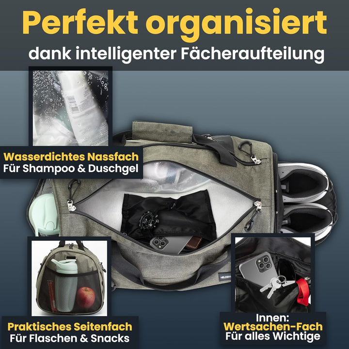 Heldenwerk® Sporttasche & Reisetasche für Damen und Herren gross I Trainingstasche mit Schuhfach und