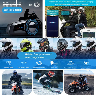 QSPORTPEAK M2 Motorrad Bluetooth Headset 5.0, Helm Intercom bis zu 6 Fahrer Gleichzeitige Kommunikat