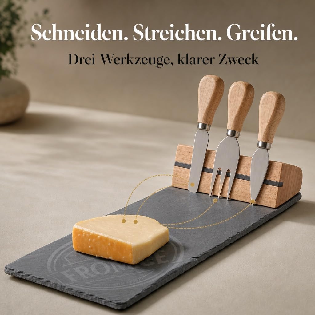 MIJOMA 4-TLG Set Holz-Käsebrett mit Käsemesser und Käsegabel, Käseplatte Käsebrettchen, 26 x 37 cm