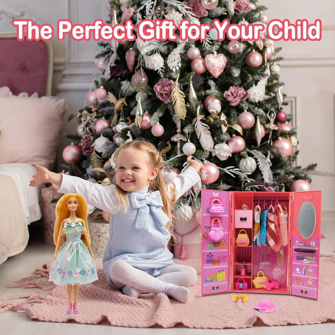 Kleiderschrank mit Puppe mit Kleidung Set，mit Puppe Prinzessin，Kleidung，Kleider，Schrank，Schuhe，Puppe