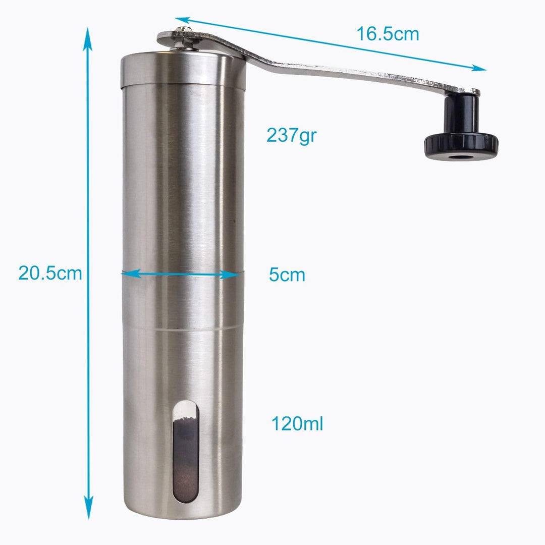 INTIRILIFE Kaffeemühle manuell aus Edelstahl in Silber - 20,5 x 5 cm - 120 ml Füllmenge - Manuelle M