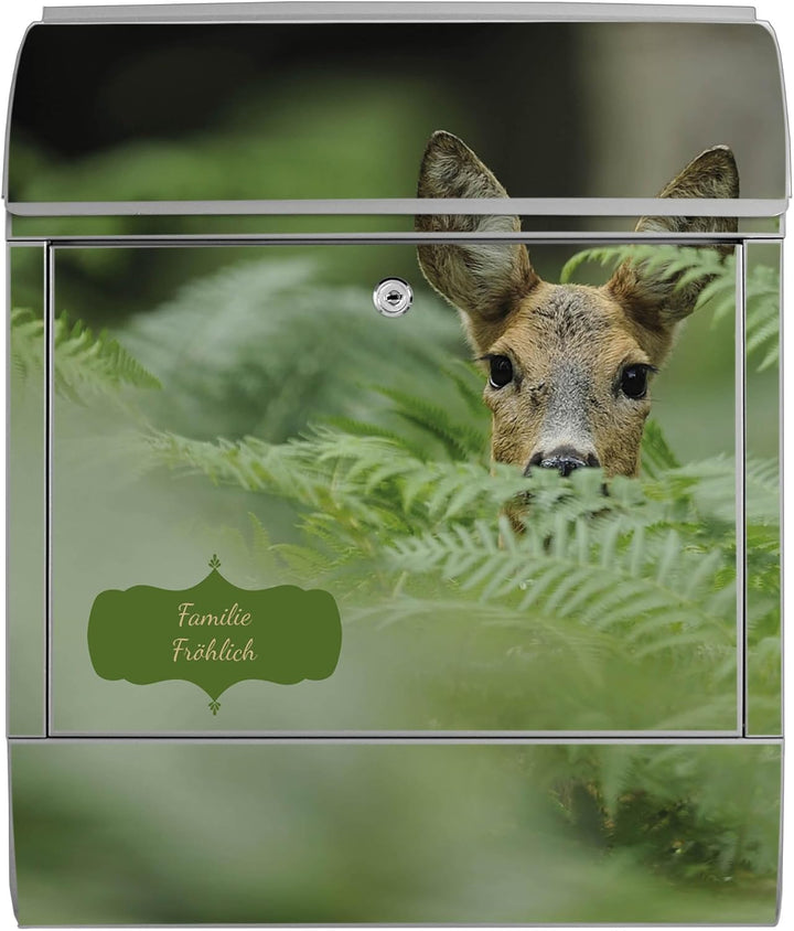 banjado® Design Briefkasten personalisiert mit Motiv REH 39x47x14cm & 2 Schlüssel/Briefkasten Stahl