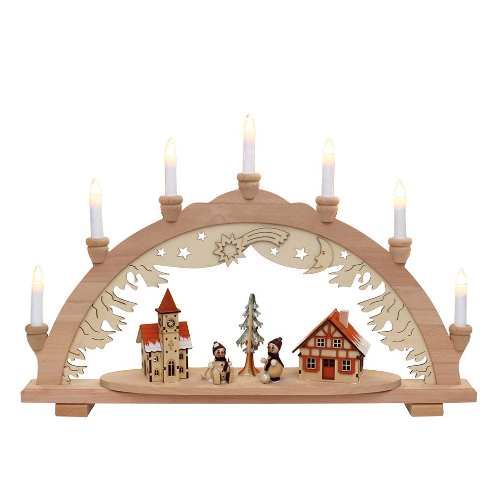 Dekohelden24 Schwibbogen, 7 flammig, Motiv: Schneemannstadt, 57 x 9 x 38 cm, 38 cm, Schneemannstadt