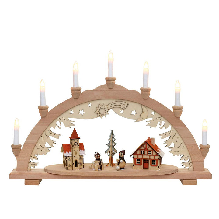 Dekohelden24 Schwibbogen, 7 flammig, Motiv: Schneemannstadt, 57 x 9 x 38 cm, 38 cm, Schneemannstadt