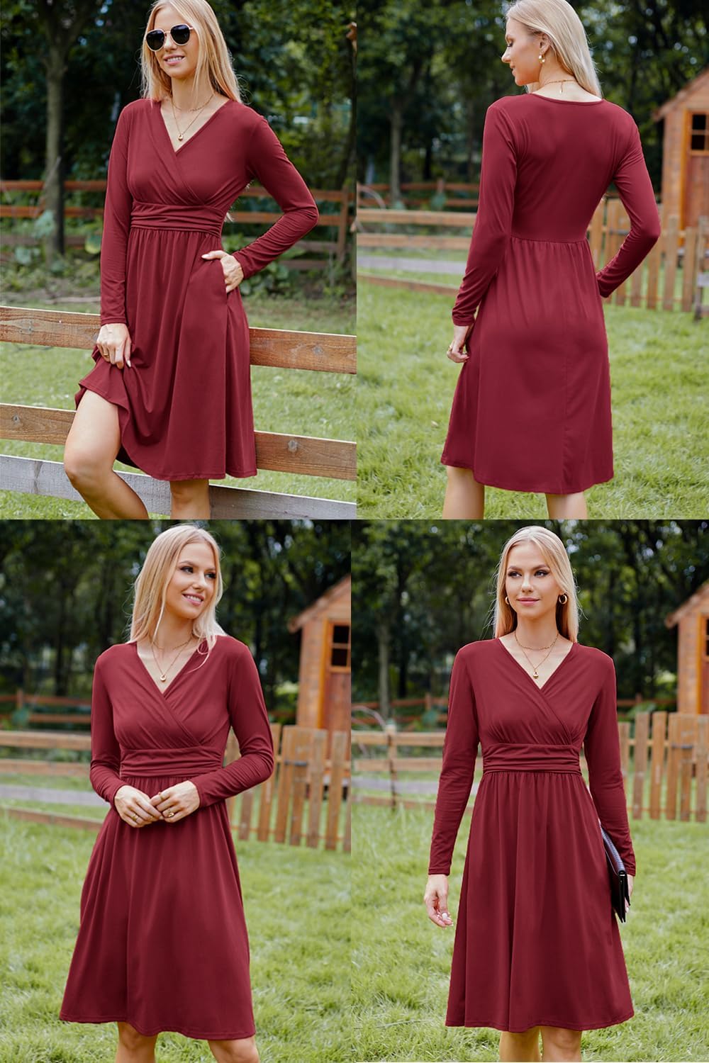 OUGES Kleid Damen Kurzarm/Langarm Sommer Herbstkleid V-Ausschnitt Casual Midi Freizeitkleid mit Tasc