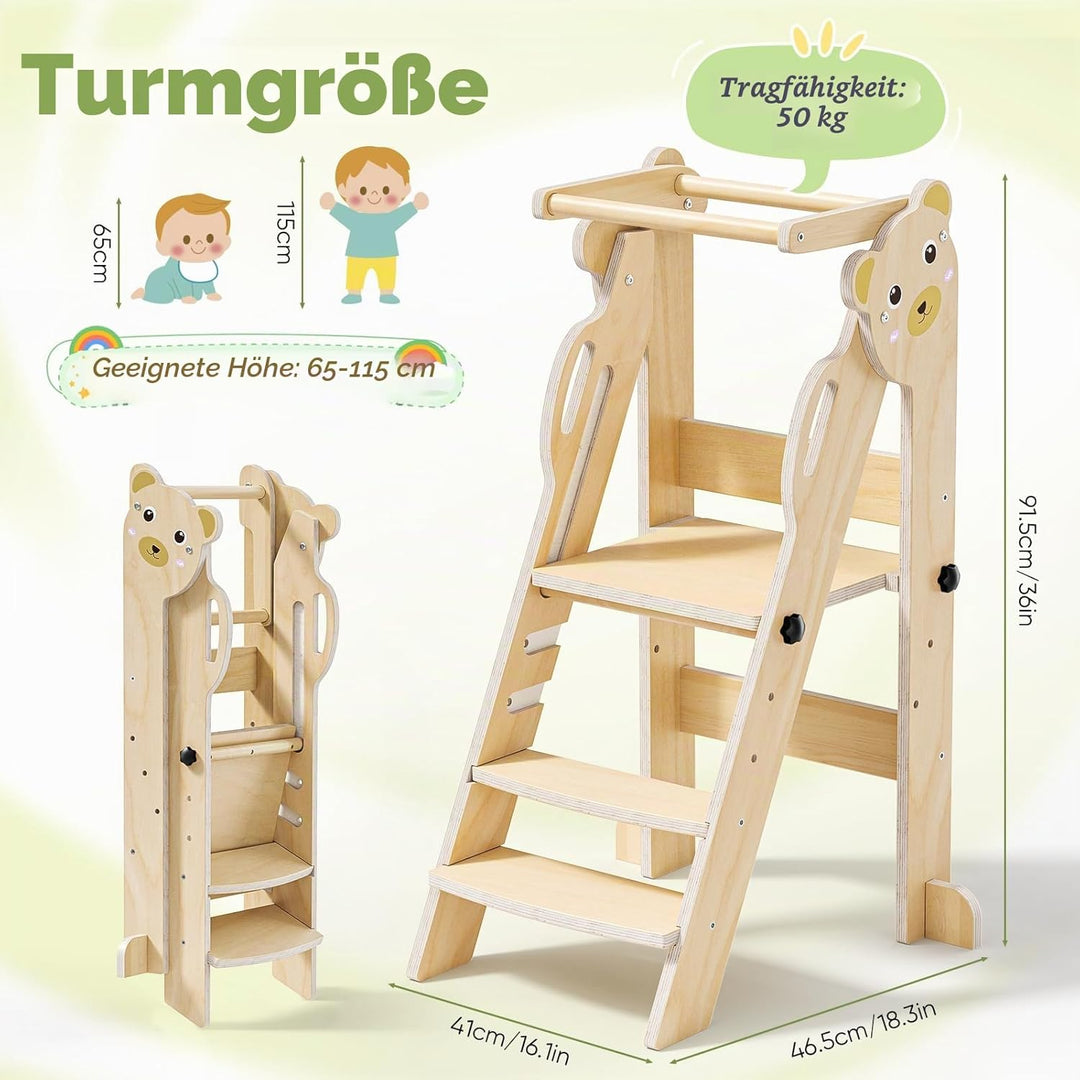 Lernturm ab 1 Jahr,Lernturm klappbar Montessori Learning Tower Holzfarbe,Lernturm Für Kinder, für Kü