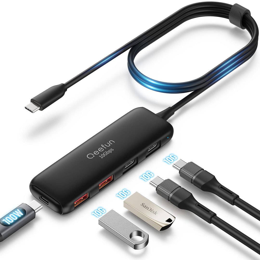 Qeefun 10Gbps USB C Hub, 3.2 USB Hub mit 2 USB-C und 2 USB-A, USB 3.2 GEN 2 Splitter mit 100W Power