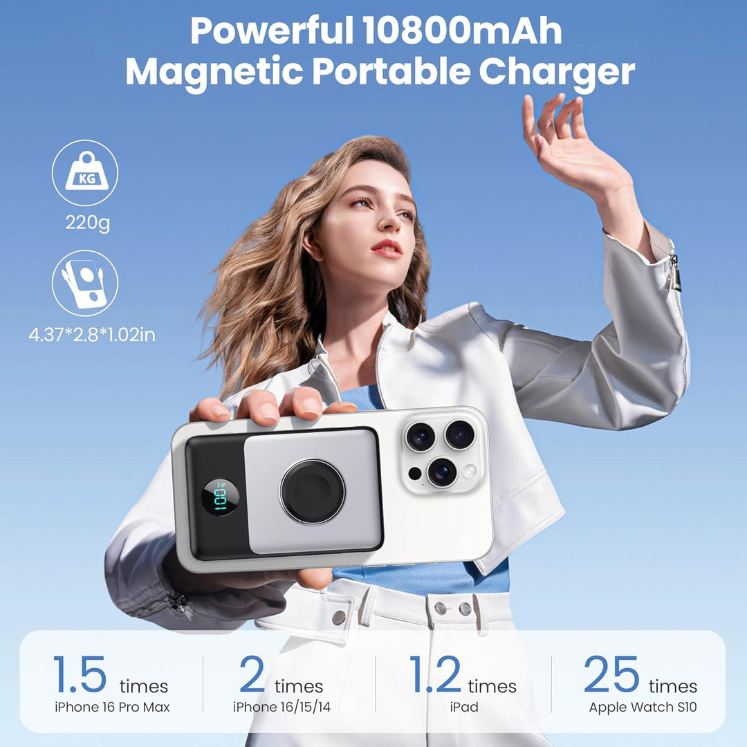 Magnetische Power Bank mit Ladekabel für MagSafe, 10800mAh Wireless PowerBank mit i-Watch Ladegerät,