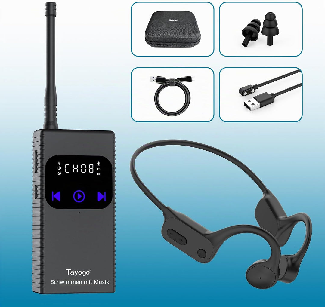 Tayogo T6-W25 Knochenschall-Kopfhörer Schwimmen - Drahtloser Sender, Ideal für Spotify und Audible |