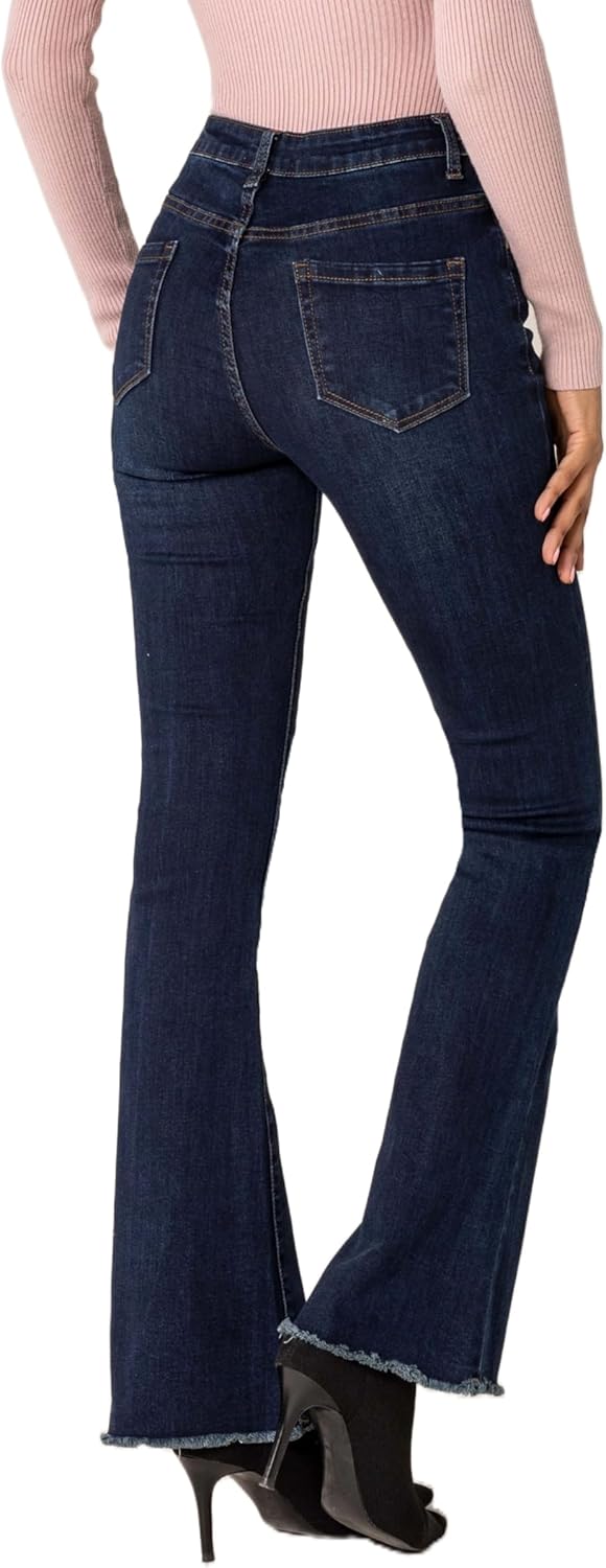 Nina Carter Damen Bootcut Jeans im Retro-Stil Mid Waist Stretchjeans Jeanshosen Used-Look Schlaghose