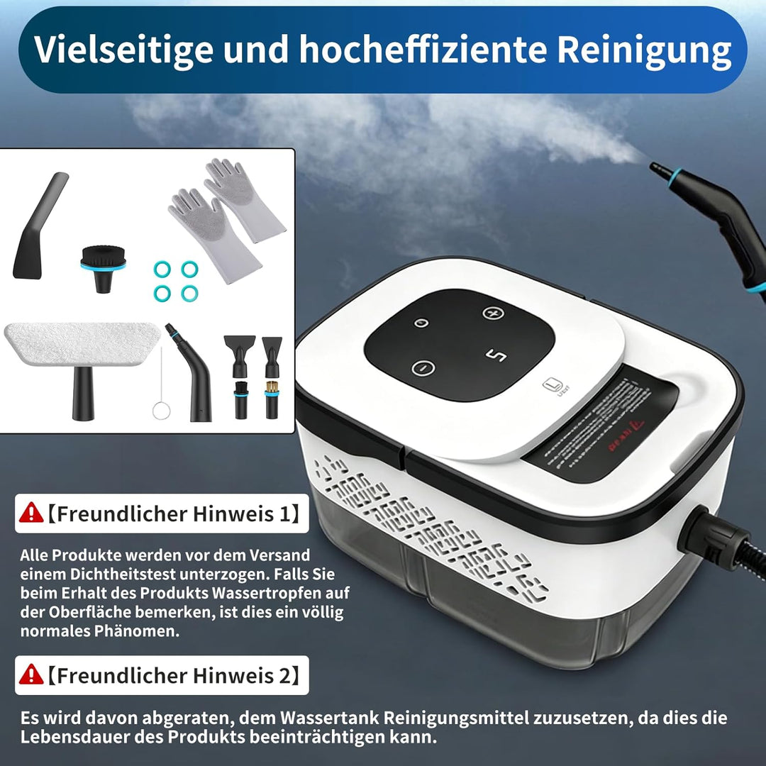 Dampfreiniger Handgerät, 2500W Handdampfreiniger, 8 Düsen, 6 Dampfstufen, 1250 ML Tank, 105℃ Hochtem