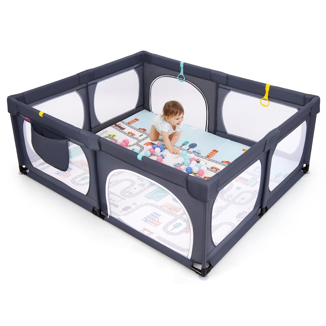 GOPLUS 189x158 cm Laufstall Baby, Laufgitter mit atmungsaktiver Netz, 4 Reissverschlusstür, Tragetas