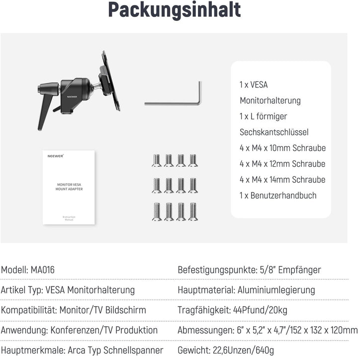 NEEWER VESA Monitor Mount Adapter mit Arca Schnellverschluss, 360° drehbarer Kugelkopf, M4 Schraube