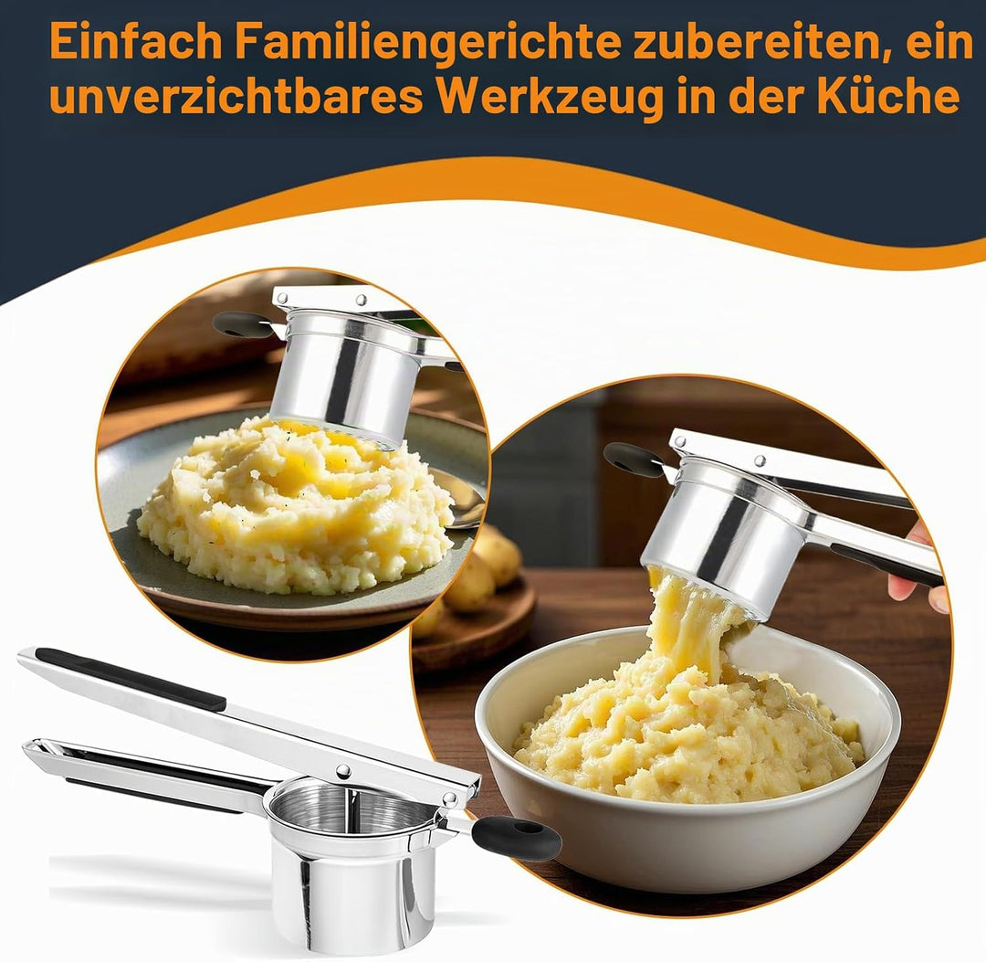 Edelstahl Kartoffelpresse mit 4 Einsätzen – Robuste &amp; Ergonomische Kartoffelpresse – Leicht zu Reini