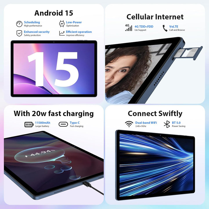 2,5K Android 15 Tablet 14 Zoll, 4G LTE/5G WLAN, 2240x1400FHD, 36GB RAM+512GB ROM (2TB erweiterbar),