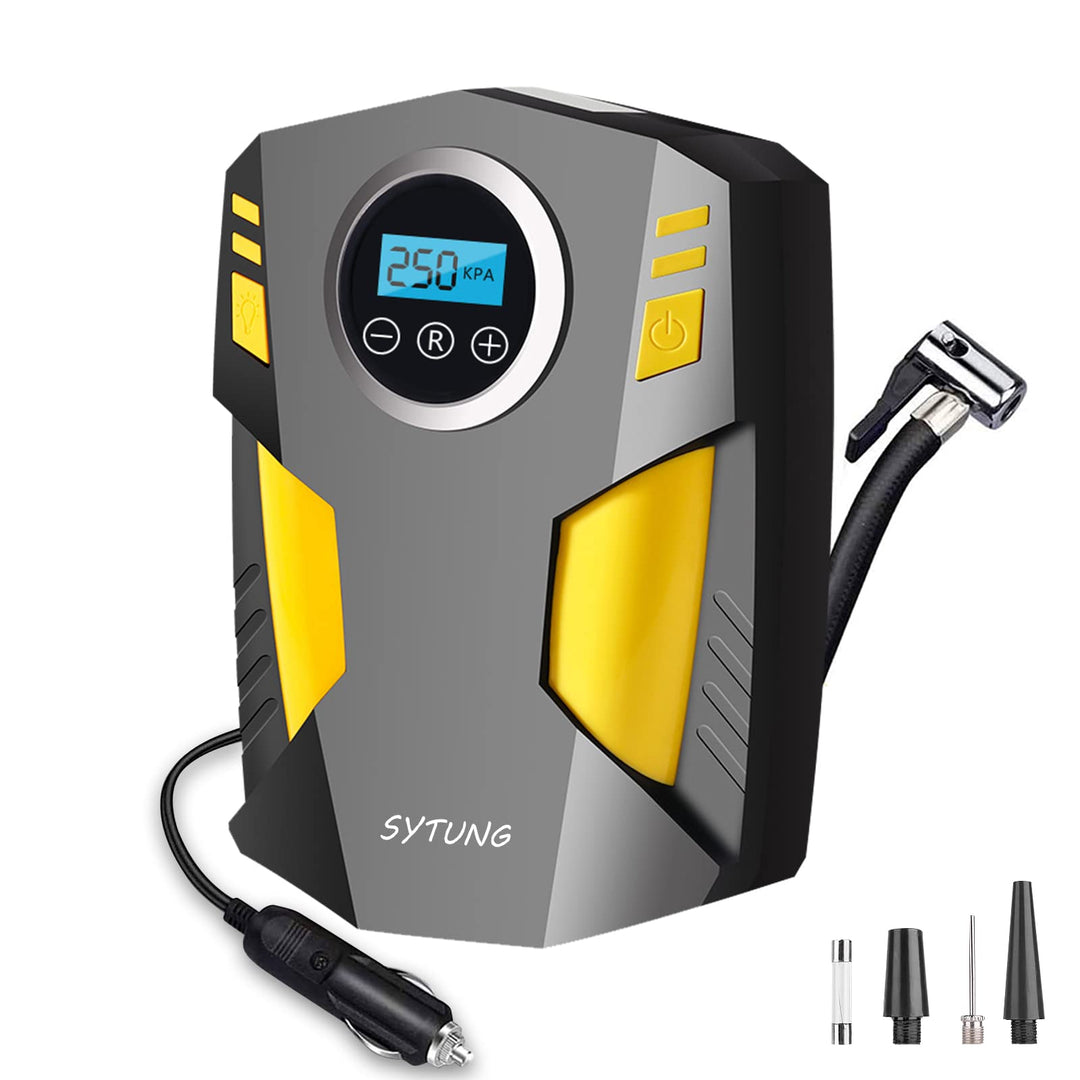 SYTUNG Kompressor 12v, Rragbare Luftkompressor Autoreifenpumpe mit 3 Düsenadaptern und Digitalen LED