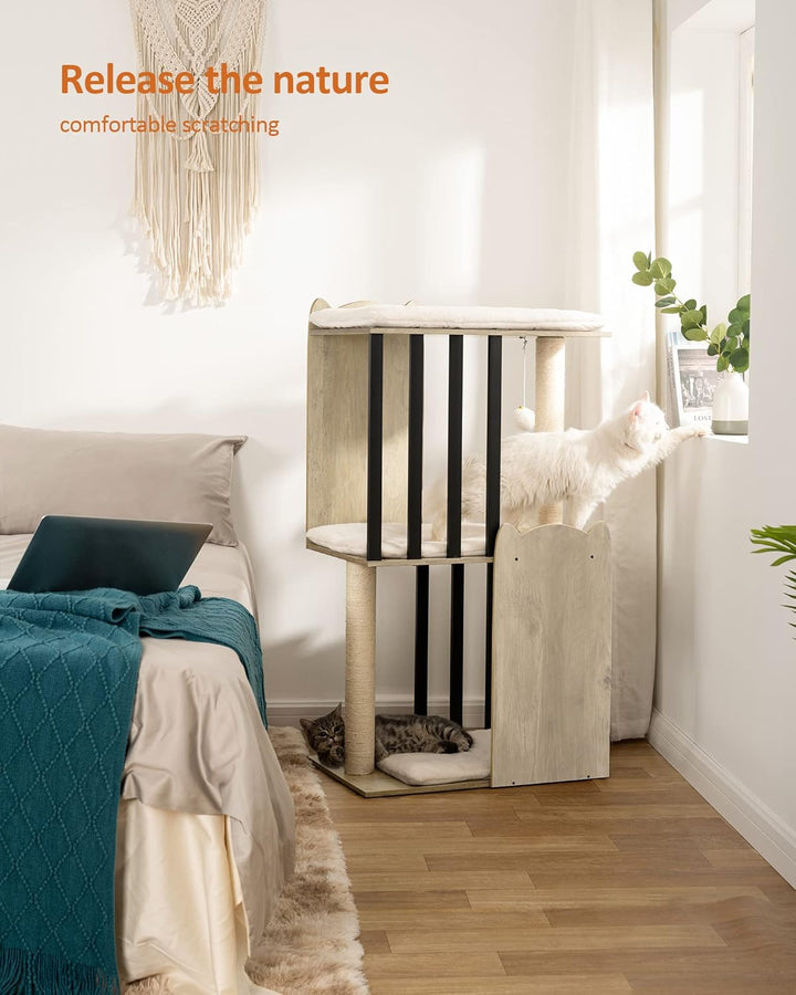 FourFurPets 3-stufiger moderner Kratzbaum, 111 cm hoch, Katzenbaum, mit 2 Voll Sisal Kratzsäulen, 3