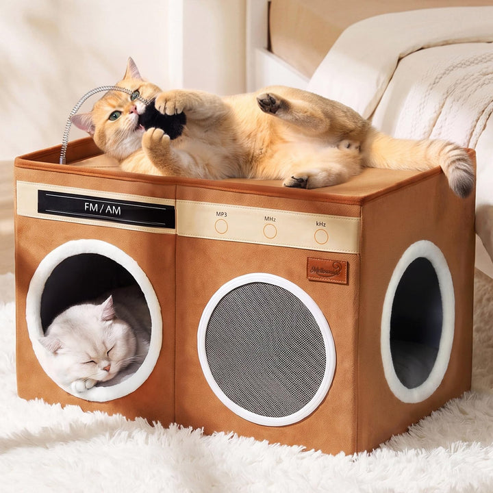 Retro Radio Katzenhaus, Grosses klappbares Katzenbett für Innen | Katzenhöhle mit Kratzbrett &amp; biegb