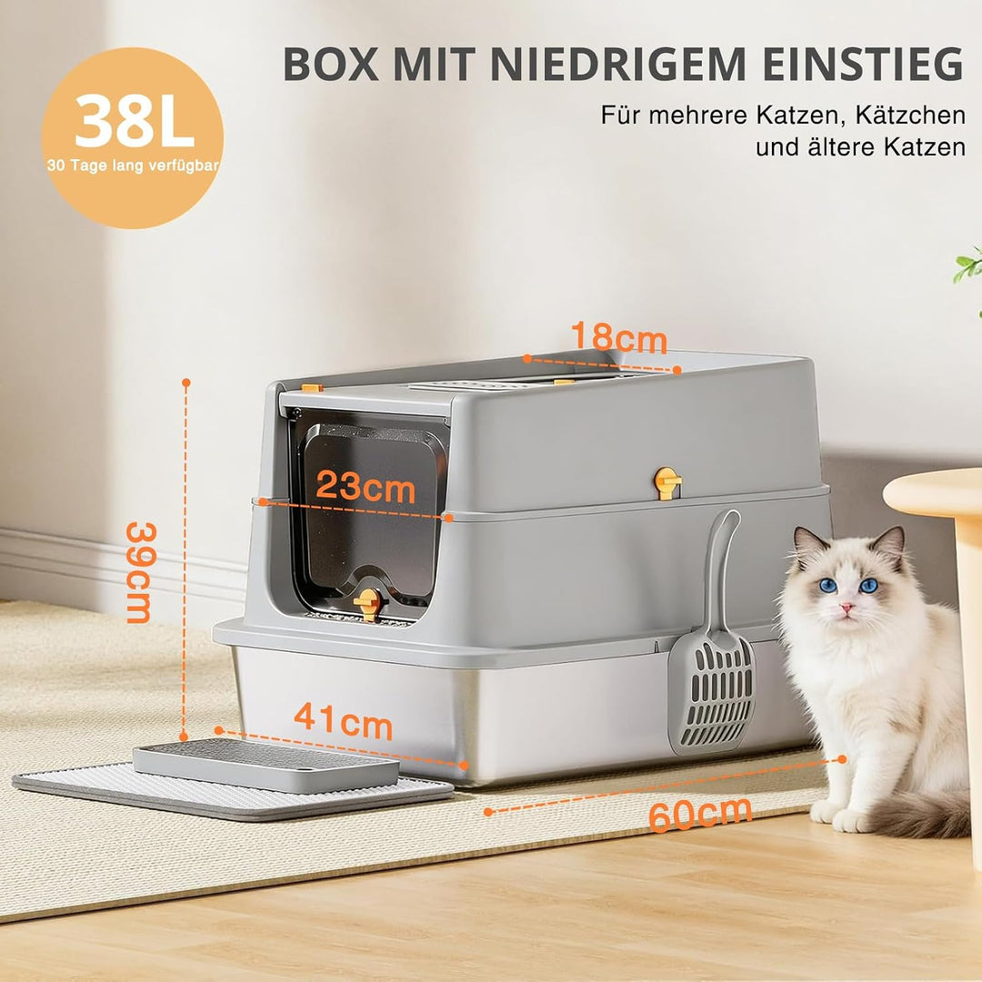 Katzentoilette aus Edelstahl, XXL geschlossene Katzentoilette mit Deckel, leicht zu reinigen, hochse